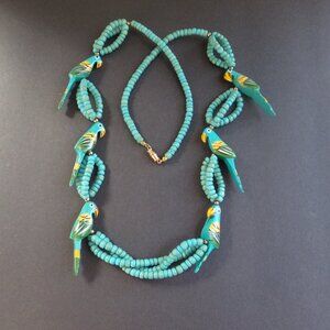 Beautiful Unique Bird Fetish Tropical Necklace Aqua Painted Wood Colorful Summer